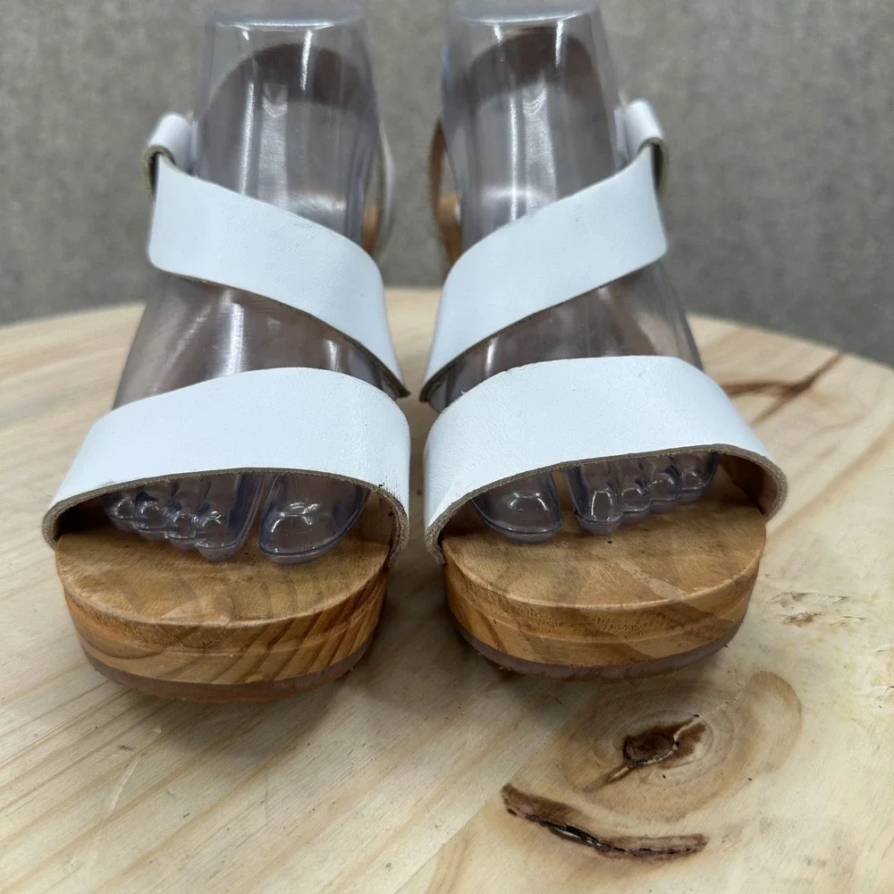 Free People Wedge Sandals Womens 10-10.5 White Leather Wood Platform Spain
